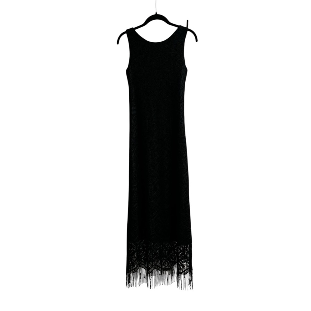 Vintage Harlow Black Crochet Lace Midi Dress Fringe Cocktail Party Gatsby
